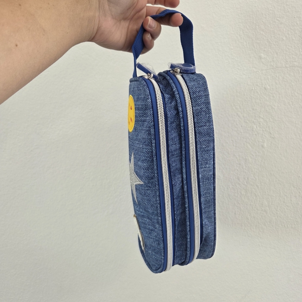 Y2K Blue Denim Cosmetic Travel Pouch Double Zipper Pencil Case Emoji Patches - Picture 6 of 14